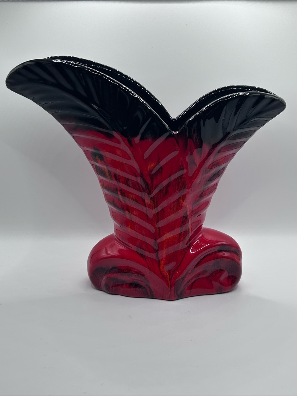 Vintage Pine Pottery Double Leaf Fan Vase | Red Black Drip Glaze Canadian